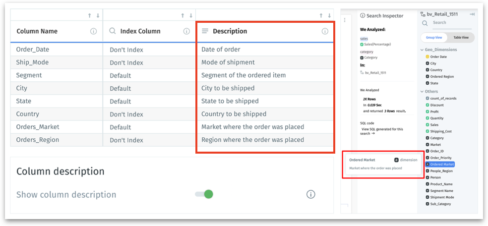 Column description in metadata