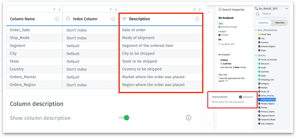 Column description in metadata